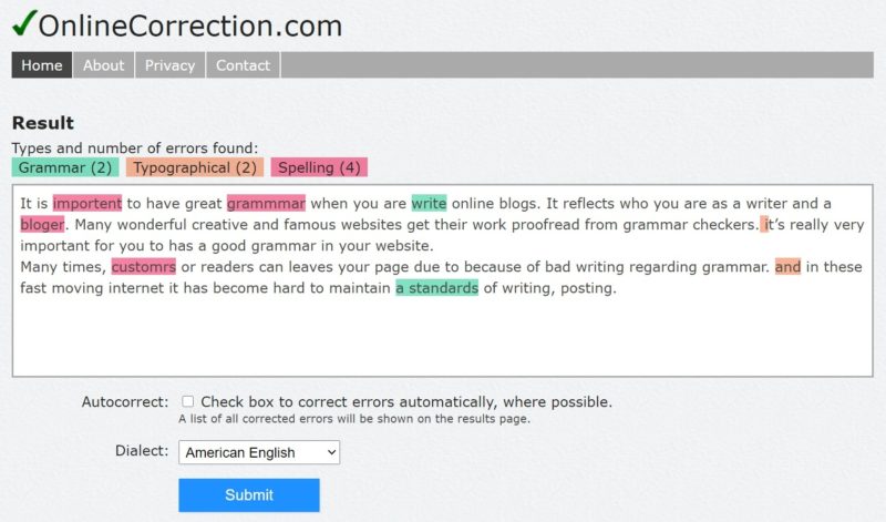 Online Correction - Grammar Checking Tool