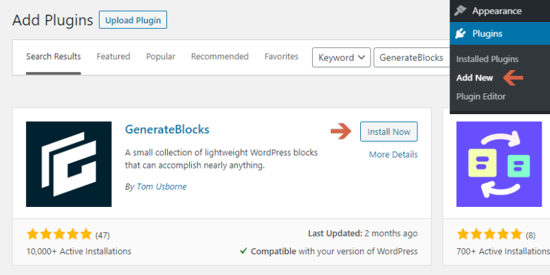 Steps to install the GenerateBlocks plugin