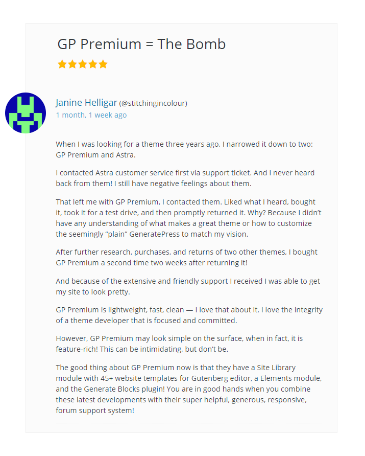 A user review of GeneratePress on wordpress.org