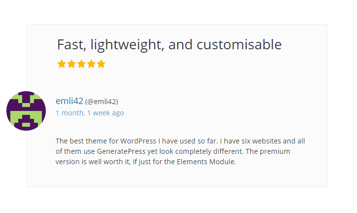 Another user review of GeneratePress on wordpress.org