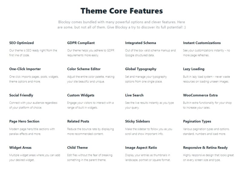 Blocksy WordPress Theme Core Features