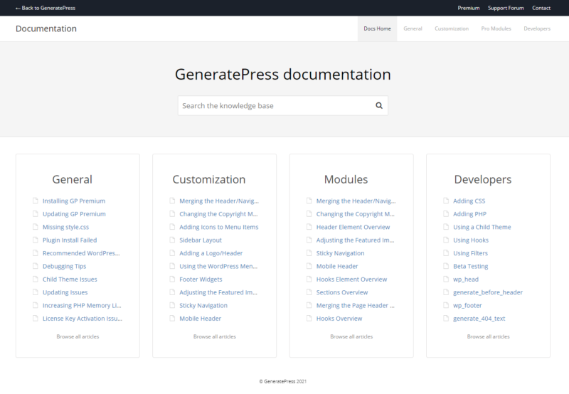 GeneratePress Dcoumentation Page