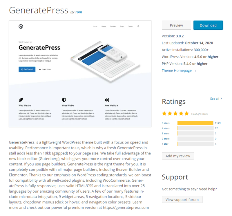 GeneratePress Theme - Stats on wordpress.org