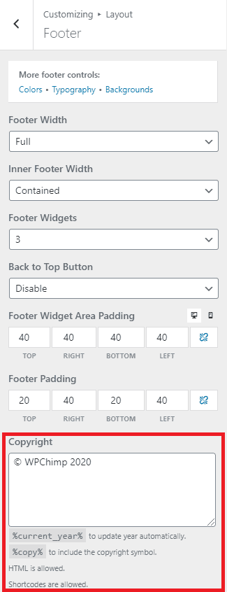 Copyright Settings in Footer Customization