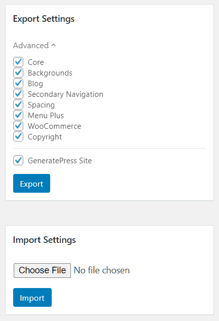 GeneratePress Import/Export settings 
