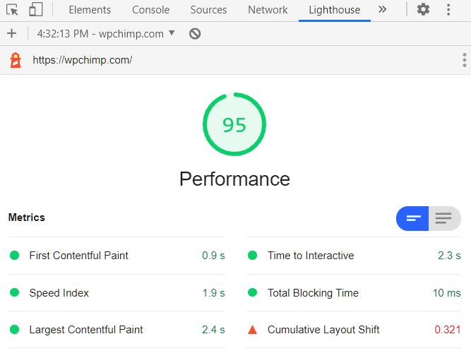 WPChimp Mobile Desktop Performance (using GeneratePress) - Google Chrome Lighthouse