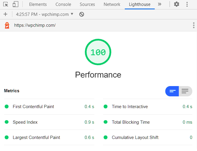 WPChimp Website Desktop Performance (using GeneratePress) - Google Chrome Lighthouse 