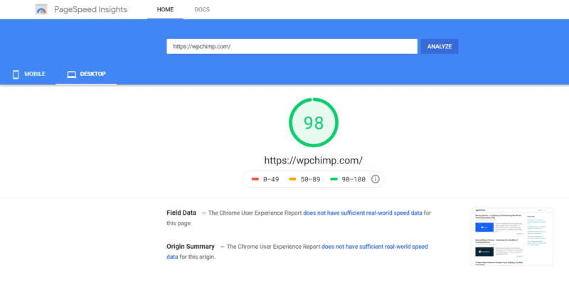WPChimp Website Desktop Performance (using GeneratePress) - Google PageSpeed Insights