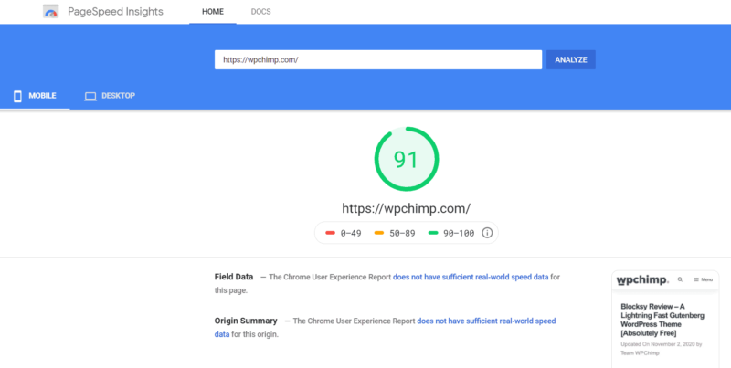 WPChimp Website Mobile Performance (using GeneratePress) - Google PageSpeed Insights