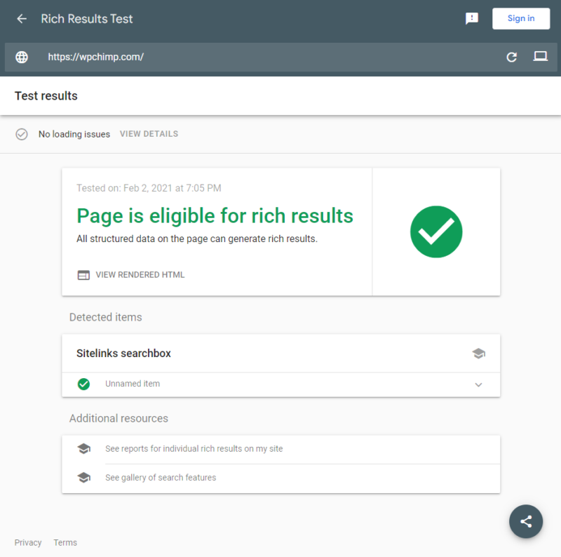 WPChimp Website Structured Data Results - Google Rich Results Test 