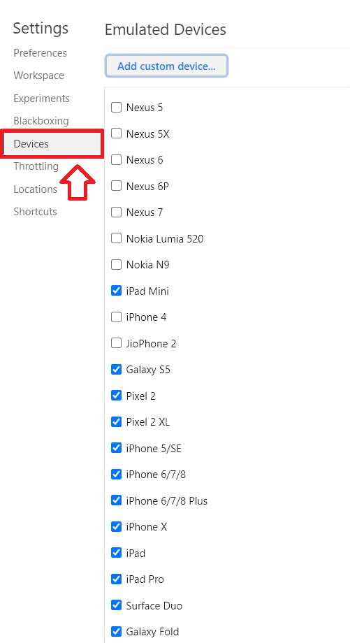 Chrome Developer Tools – Mobile device presets setting