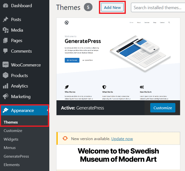 WordPress Dashboard – Themes Section