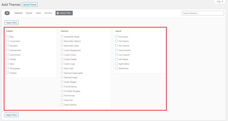 WordPress Theme Search Engine Feature Filter
